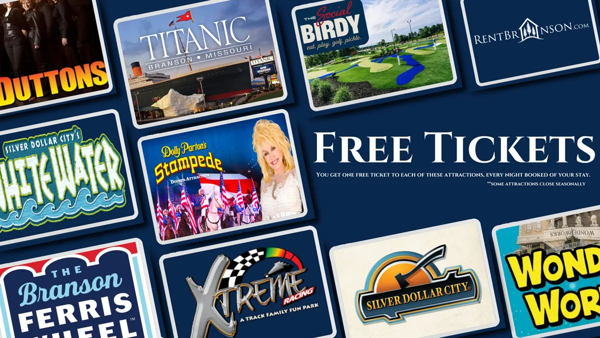 An interior display featuring advertisements for various local attractions, with bold 'Free Tickets' text and images of Silver Dollar City, live shows, and water parks. The scene feels vibrant and full of activity, hinting at the wealth of entertainment options nearby.